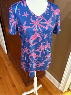 Castaway Navy Blue V-Neck Tee with Pink Coastal Crab & Starfish Print